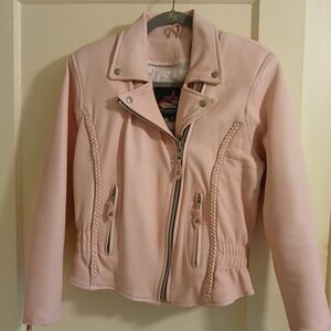 Jim Leather Inc. Chic Pink Leather Biker Jacket Womens Size M w/Braiding Design